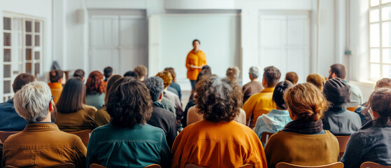 An audience attentively listening to a speaker in a bright room, embodying the concept of learning and engagement. Generative AI