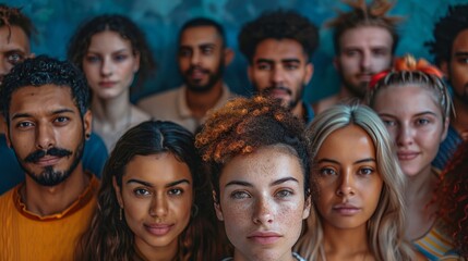 a group of people standing together in front of a blue wall