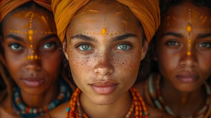 a group of women with painted faces and headdress