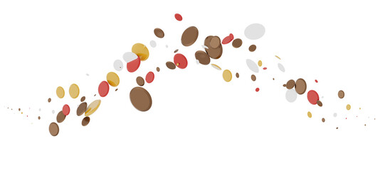 Multicolored paper confetti on transparent background. Realistic confetti flying. Colorful scattered items to holiday decorations.