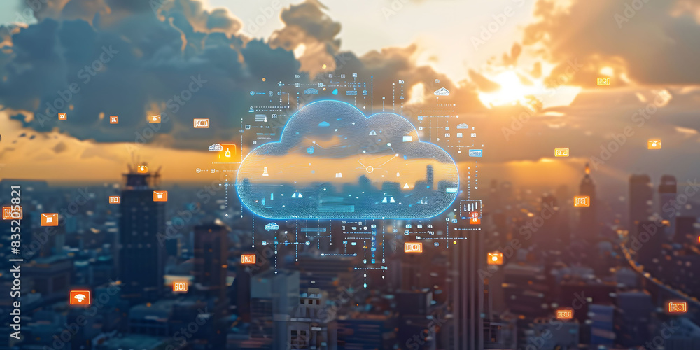 Poster a cloud symbol with digital connections floats above an urban landscape, surrounded by icons represe