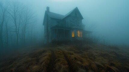 a creepy house in the fog with a light on