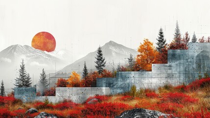 a painting of a mountain landscape with a red moon