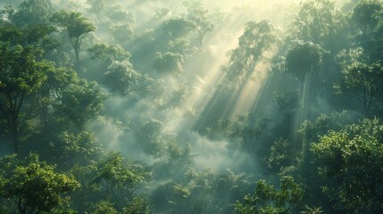 a view of a forest with sun shining through the trees