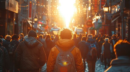 a crowd of people walking down a city street at sunset