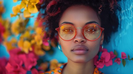 a woman with glasses and a colorful floral shirt