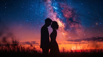 a couple kissing in a field with the milky in the background