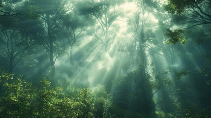 a forest with sun shining through the trees