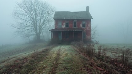 a red house in the fog with a path leading to it