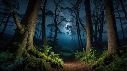 Beautiful illustration of a mysterious and dark forest where old trees create an amazing and penetrating atmosphere