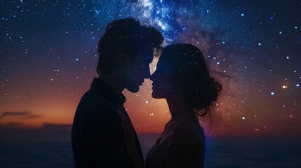 a couple standing in front of a starry sky