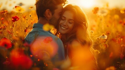 a couple in a field of flowers at sunset