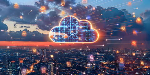 Fototapeta premium A cloud symbol with digital connections floats above an urban landscape, surrounded by icons representing networks and mobile devices. Illustrating the concept of cloud computing and connectivity.