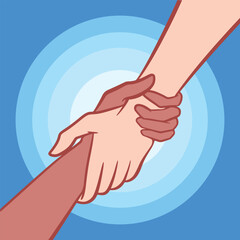 Hands holding, supporting, and helping each other illustration isolated on square blue background. Simple flat humanity themed drawing.