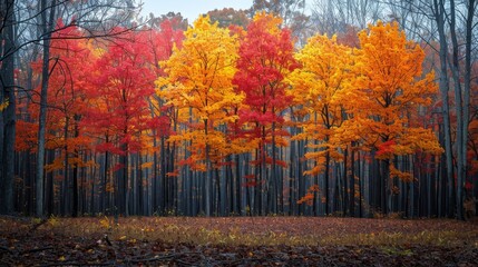 a forest with lots of trees with orange and yellow leaves