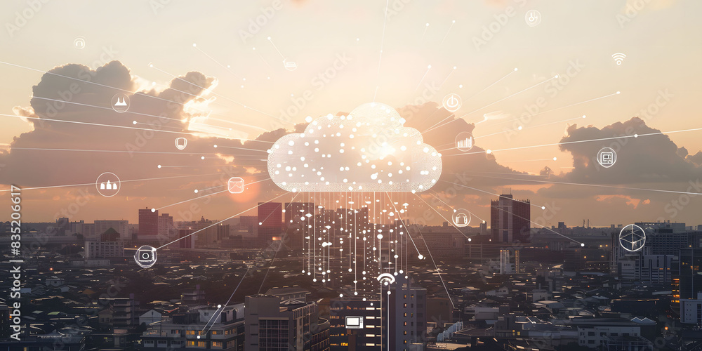 Poster a cloud symbol with digital connections floats above an urban landscape, surrounded by icons represe