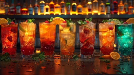 a row of different colored cocktails with lemons and strawberries