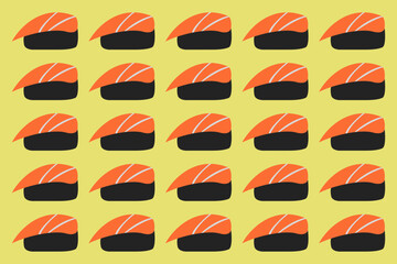 Salmon roll and sushi. Traditional japanese food. Sushi set background. Minimalistic icon. Colorful graphic vector pattern. Cartoon style, simple flat design. Trendy illustration