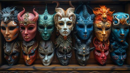 a display case with many different colored masks