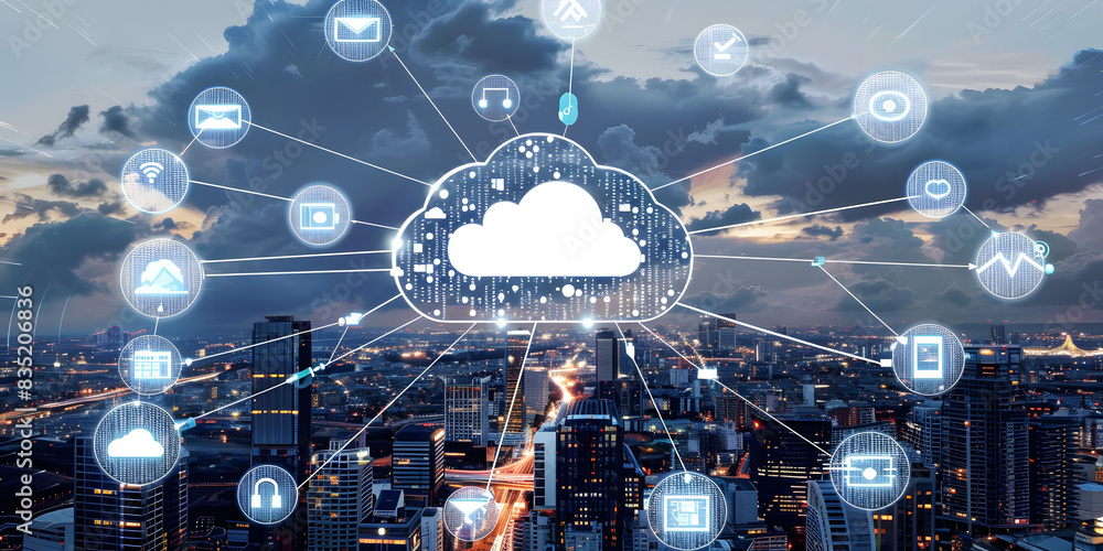 Poster a cloud symbol with digital connections floats above an urban landscape, surrounded by icons represe
