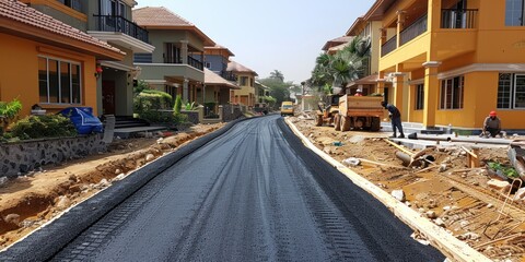 Fototapeta premium Asphalt Road Construction in Residential Neighborhood