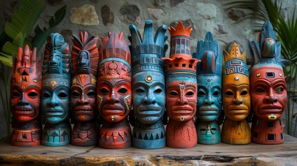 a group of colorful ceramic masks sitting on a table