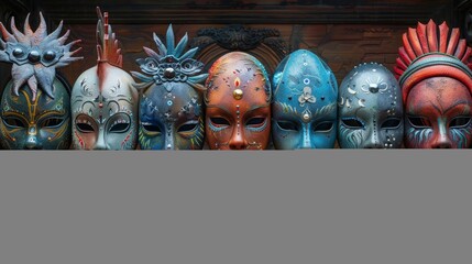 a group of colorful masks sitting on a shelf