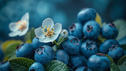 a close up of a bunch of blueberries with a flower