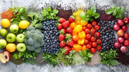 a variety of fruits and vegetables laid out on a table