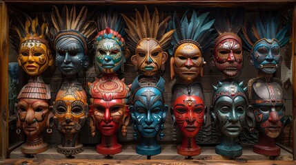 a display case with many different colored masks