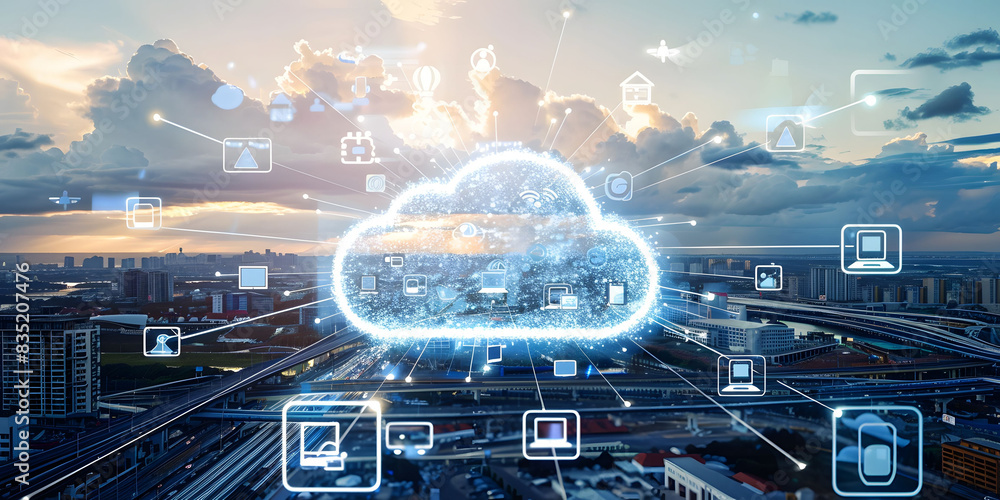 Poster a cloud symbol with digital connections floats above an urban landscape, surrounded by icons represe