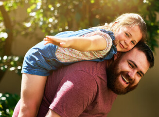 Dad, child and playing in garden portrait with bonding. smile and flying on outdoor adventure with...