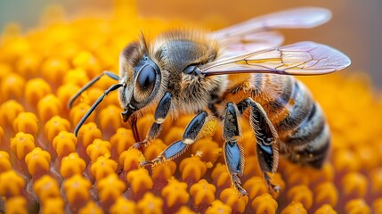 Fototapeta premium a bee on a yellow flower with pollen