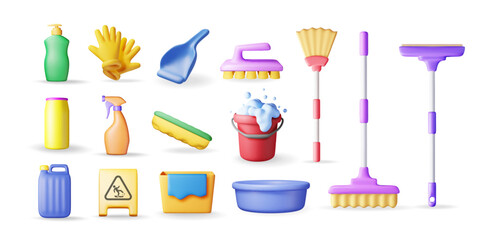 3D set of home cleaning tools isolated. Render collection of accessories for washing dishes and house cleaning. Bottle of detergent, sponge, soap gloves. Bucket, mop broom dustpan. Vector illustration