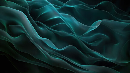 Dark blue background with glowing waves, vector illustration in the style of simple shapes, dark green and light cyan