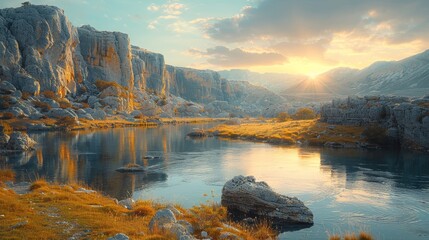 a river with rocks and grass in the foreground and a mountain in the background