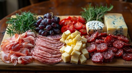 a wooden board with various types of meat and cheese