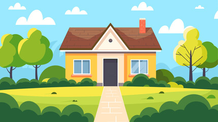 Illustration of suburban house with front yard in bright colors