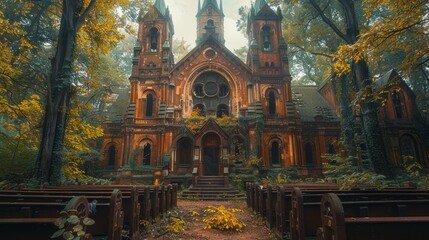 a church in the woods with a lot of trees