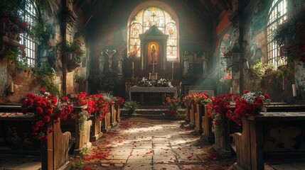a church with a lot of flowers and a stained window