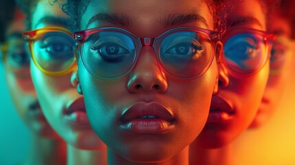 a woman with glasses and a neon background