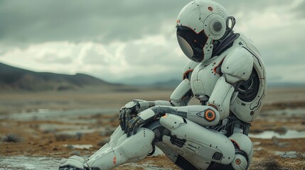 a man in a futuristic suit sitting on the ground