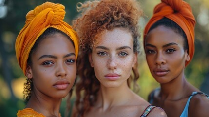 three beautiful young women with orange turbans and freckles