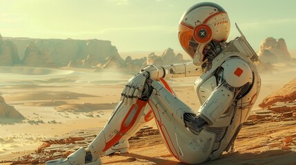 a robot sitting on a rock in a desert