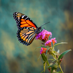 Fototapeta premium butterfly on blue flowers. Soft green background with copy space.
