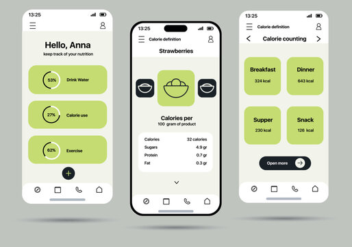 Calorie counter app concept in flat design. Template of a convenient app for counting calories, displayed on three screens, made in a modern and minimalist style. Vector Illustration.