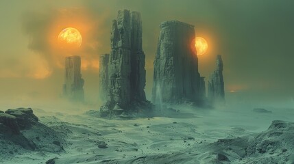 a sci - fi landscape with a lot of tall rocks and a few orange sun
