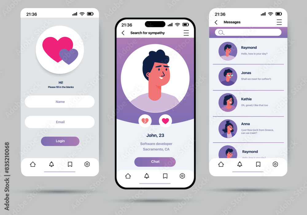Poster dating app concept in flat design. mobile dating application template presented on three screens and