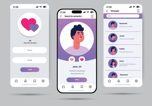 Dating app concept in flat design. Mobile dating application template presented on three screens and made in a modern style. Vector Illustration.