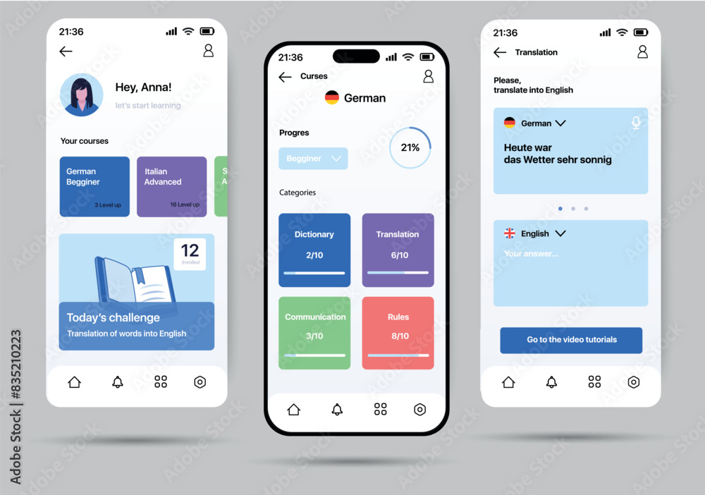 Poster Education language app concept in flat design. A template program for learning different languages, in which you can monitor progress, perform various tasks and etc. Vector Illustration.